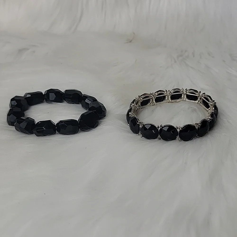 BLACK Silver Tone Faux‎ Stone Beaded Stretch Elastic Bundle of 2 Glam Bracelets